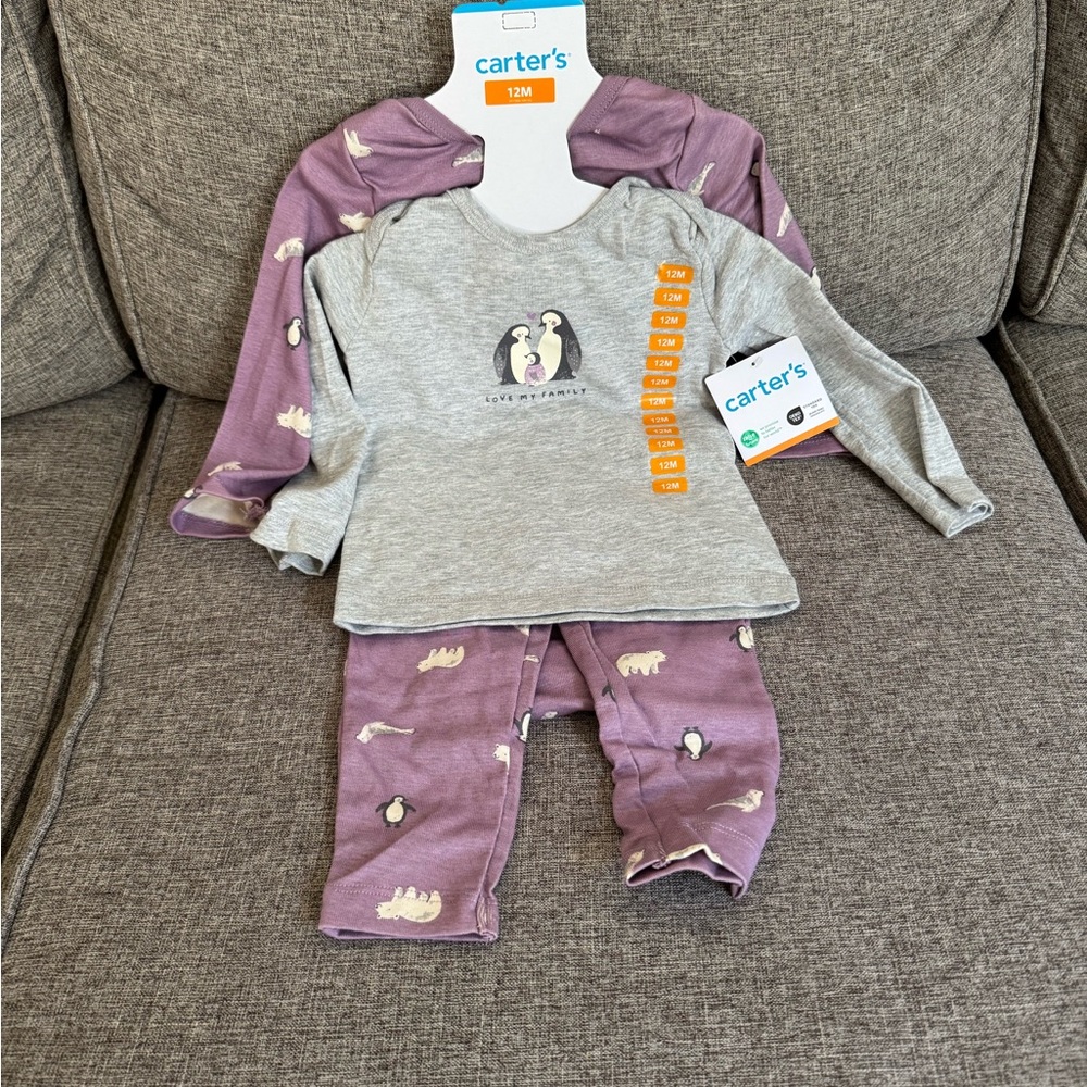 NWT Carter's Penguin Pajama Set - Gray and Purple